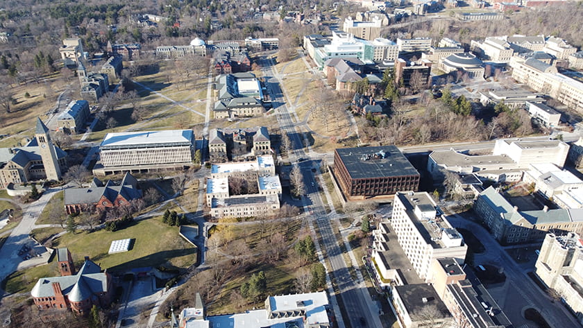 Aerial photograph of Cornell's Central Campus looking toward North campus.