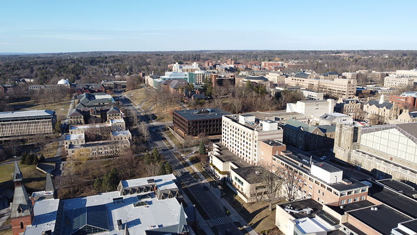 Looking north along East Avenue towards the Agriculture Quad and North Campus. Drone photo by Scott and Cal.