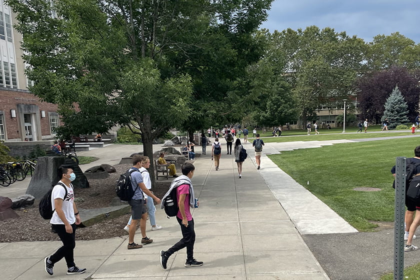 A photograph of students walking across the Engineering Quad