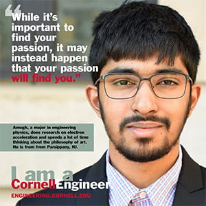 A photograph of a poster with a Cornell student on it.